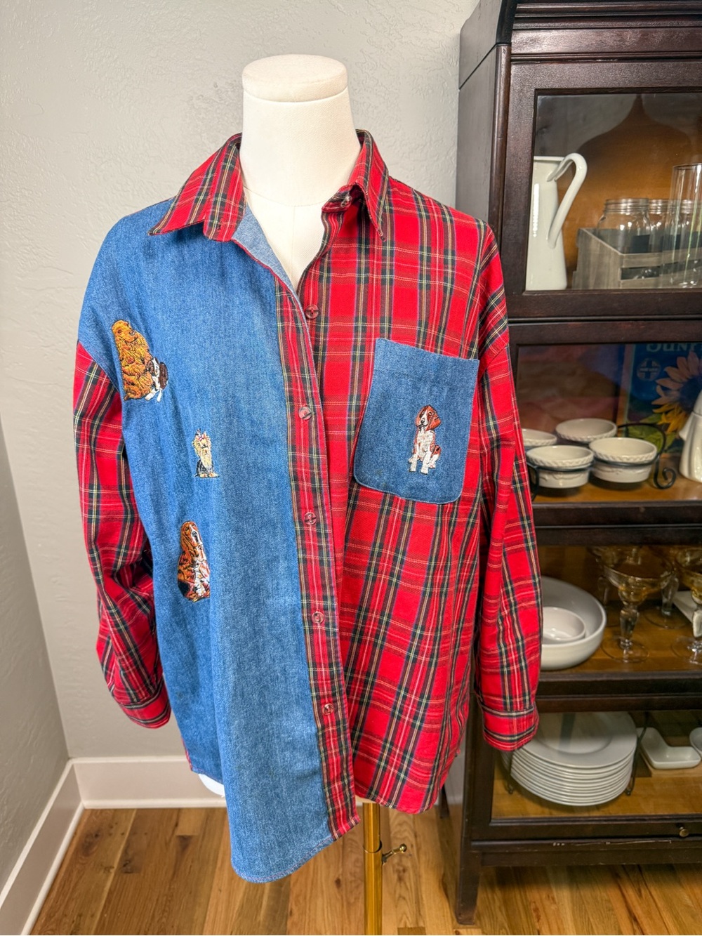 Vintage Casey Coleman Plaid Denim Embroidered Dog Cat Shirt Oversized